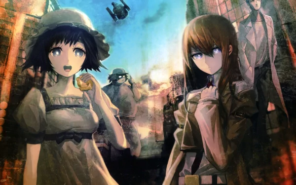HD wallpaper featuring characters Rintaro Okabe, Kurisu Makise, Itaru Hashida, and Mayuri Shiina from the anime Steins;Gate, set against an abstract, dramatic background.