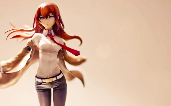HD wallpaper featuring Kurisu Makise from the anime Steins;Gate, showcasing her dynamic pose with flowing hair and a confident expression against a soft background.