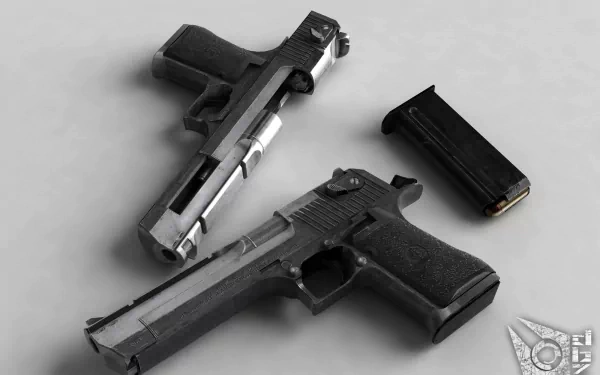 A high-definition wallpaper featuring a Desert Eagle handgun and another model, showcasing their detailed design against a minimalist background.