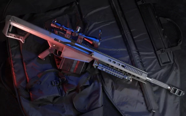 A high-definition wallpaper featuring a Barrett M82 sniper rifle positioned on a textured background, showcasing its sleek design and intricate details.