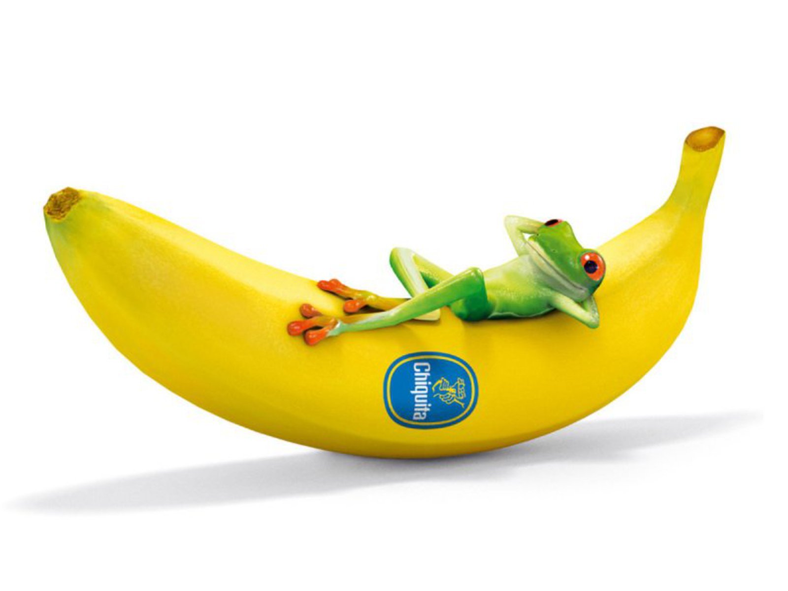 HD desktop wallpaper featuring a vibrant green frog reclining on a large, ripe banana with a Chiquita sticker against a white background.
