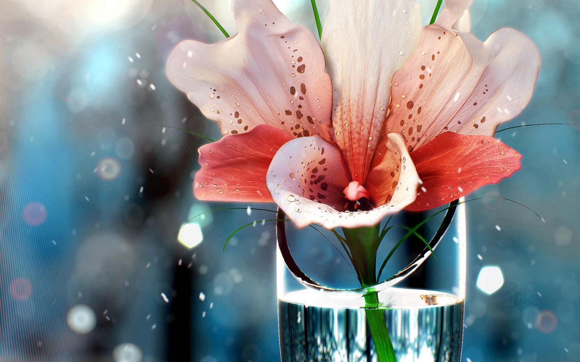 A vibrant flower in a glass of water, surrounded by a softly blurred background with shimmering lights, creating an elegant and artistic atmosphere for a HD desktop wallpaper.
