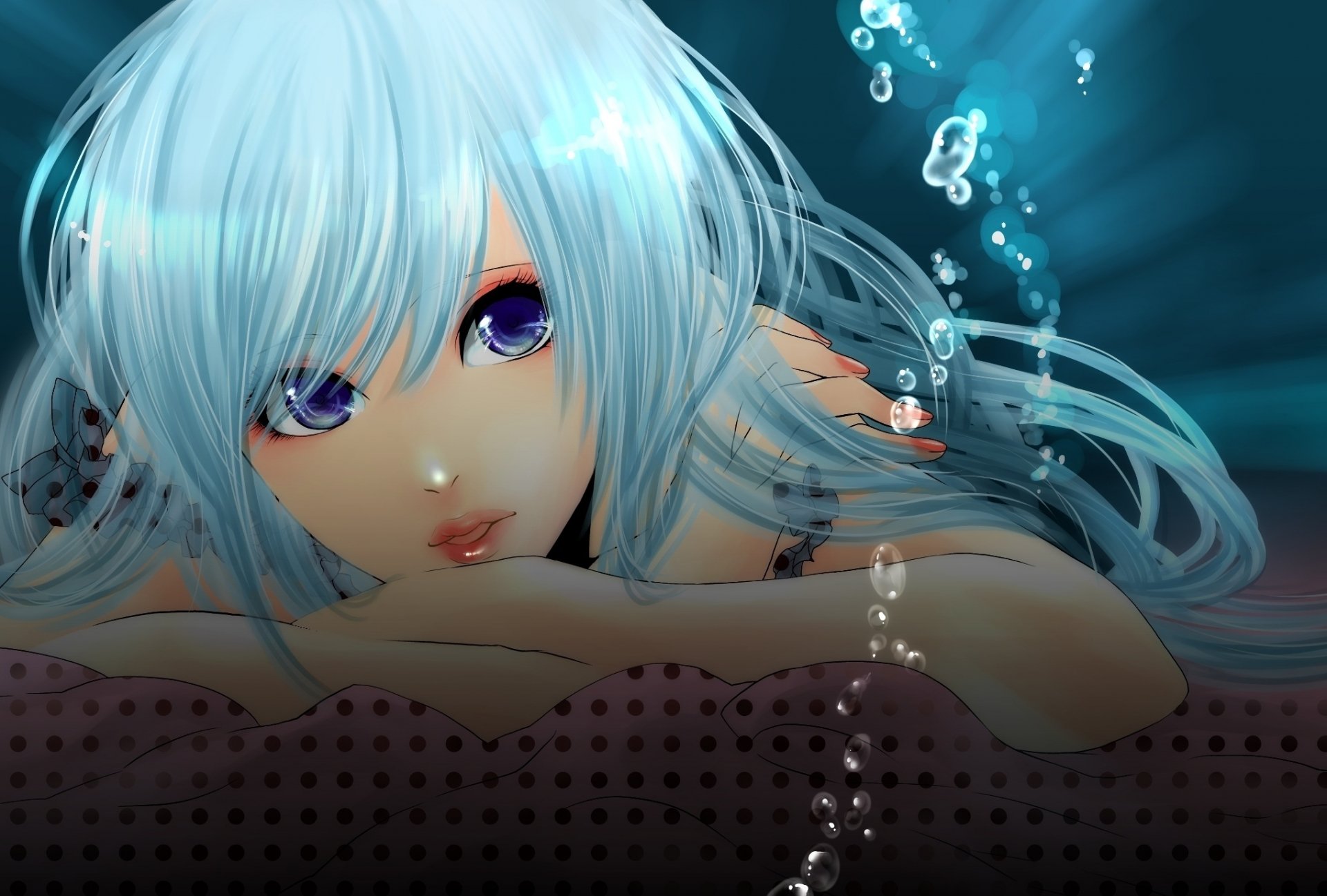 A vibrant HD desktop wallpaper featuring Hatsune Miku, the popular Vocaloid character, depicted underwater with flowing blue hair and striking purple eyes.