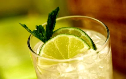 HD PC desktop wallpaper background: close-up food/drink image of a chilled lime-mint cocktail with crushed ice and bright green garnish.