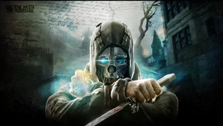 Corvo Attano, the iconic character from the video game Dishonored, is depicted in this HD PC desktop wallpaper, wielding a sword against an atmospheric backdrop.