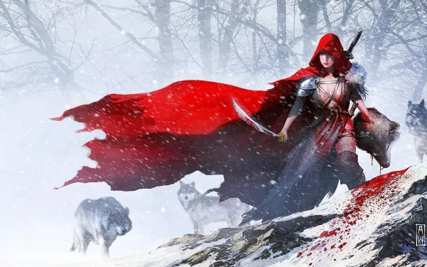 A fierce figure in a flowing red cloak stands amidst a snowy landscape, wielding a sword, accompanied by wolves. This HD fantasy wallpaper reimagines Red Riding Hood in a strikingly bold context.