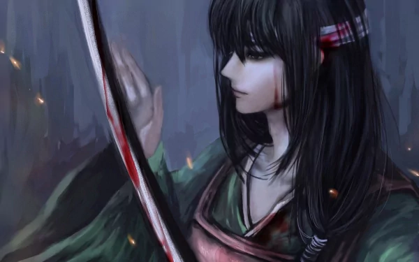 A striking HD desktop wallpaper featuring a character from the anime Gintama, poised with a blood-stained sword, exuding a sense of intensity and emotion.