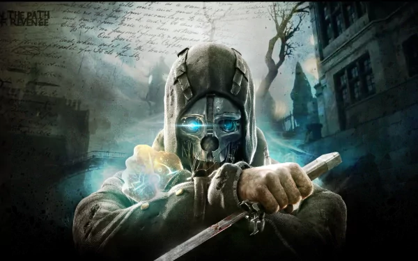 Corvo Attano, the iconic character from the video game Dishonored, is depicted in this HD PC desktop wallpaper, wielding a sword against an atmospheric backdrop.