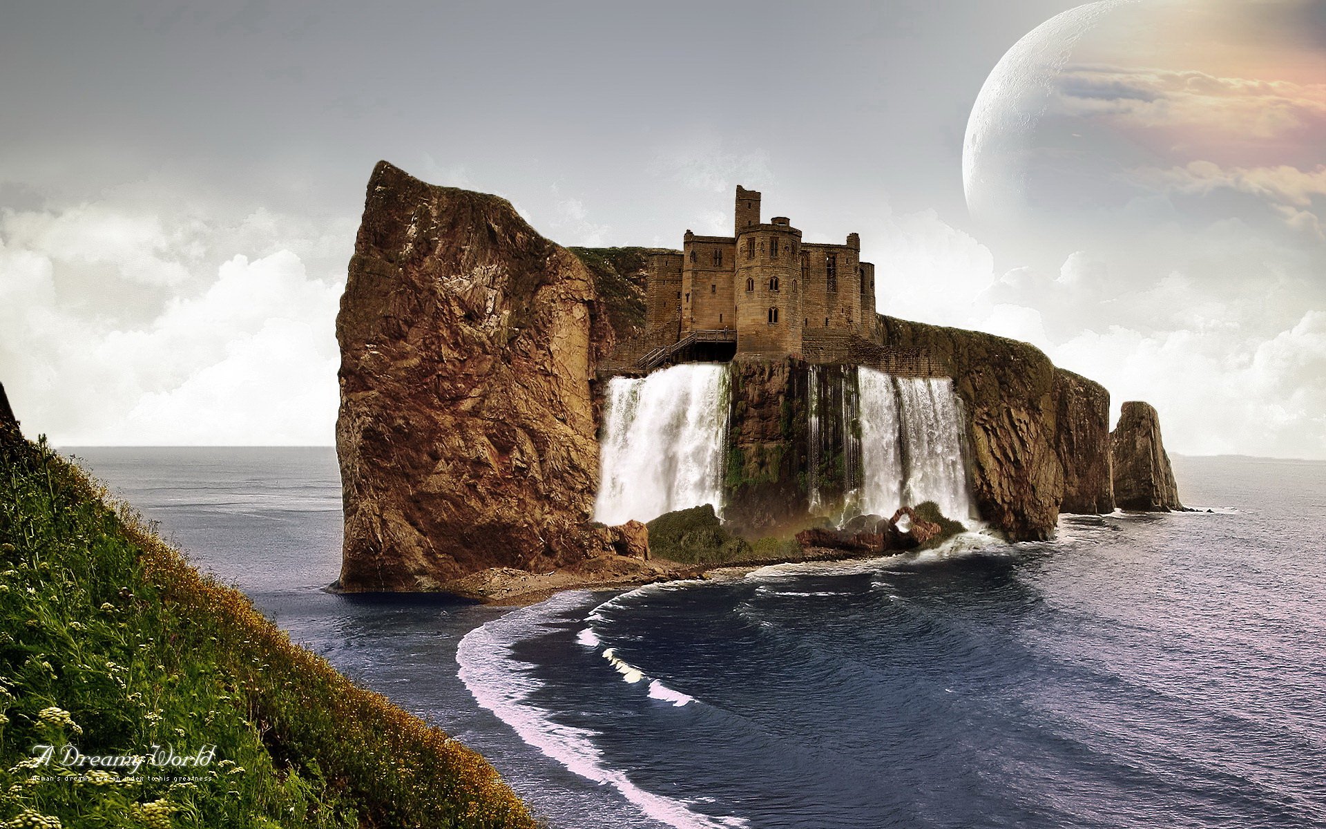HD PC desktop wallpaper featuring a dreamy world where a majestic castle sits atop rocky cliffs with waterfalls cascading into the ocean under a large, glowing moon.