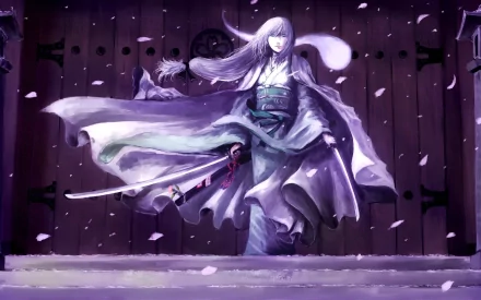 Youmu Konpaku from Touhou stands gracefully in flowing robes with a sword, set against a dark wooden backdrop with falling petals in this HD anime PC wallpaper.