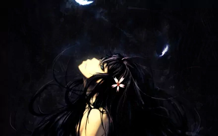 HD anime wallpaper featuring a character from A Certain Scientific Railgun with flowing dark hair and a white flower, set against a dark, ethereal background.