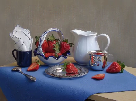 HD desktop wallpaper featuring a still life of fresh strawberries in a decorative basket, a white pitcher, a silver cup, and a blue mug on a blue cloth.