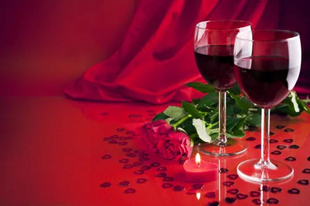 Two glasses of red wine sit beside a rose and a flickering candle on a red backdrop, creating a romantic Valentine's Day scene in this vibrant 4K Ultra HD wallpaper.