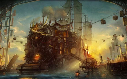 HD PC desktop wallpaper showcasing a steampunk-inspired sci-fi scene with a dragon-shaped mechanical ship docked at a bustling harbor under a glowing sky.