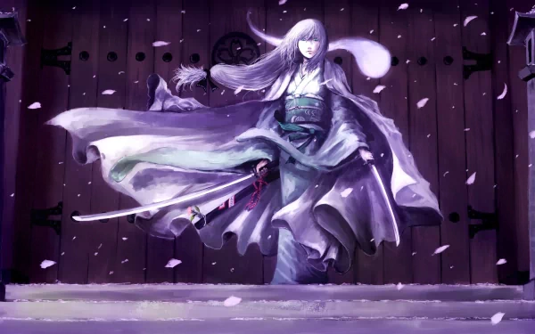 Youmu Konpaku from Touhou stands gracefully in flowing robes with a sword, set against a dark wooden backdrop with falling petals in this HD anime PC wallpaper.
