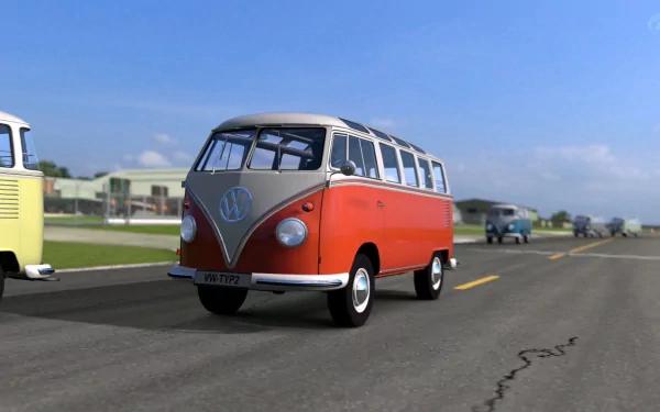 HD desktop wallpaper from Gran Turismo 5 featuring a classic red and white Volkswagen bus on a racetrack.