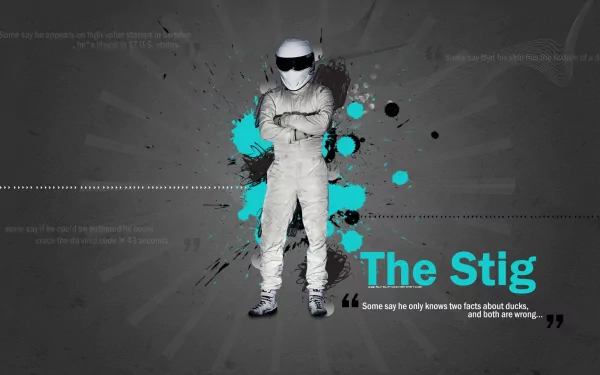 HD desktop wallpaper featuring The Stig from Top Gear against a stylized grey background with blue accents.
