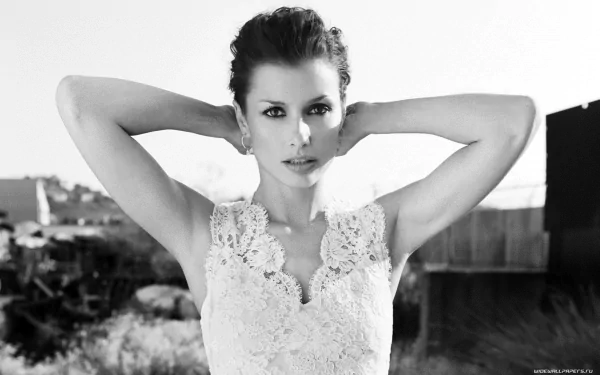 Black and white HD PC desktop wallpaper featuring celebrity Bridget Moynahan in a lace top with arms raised behind her head.