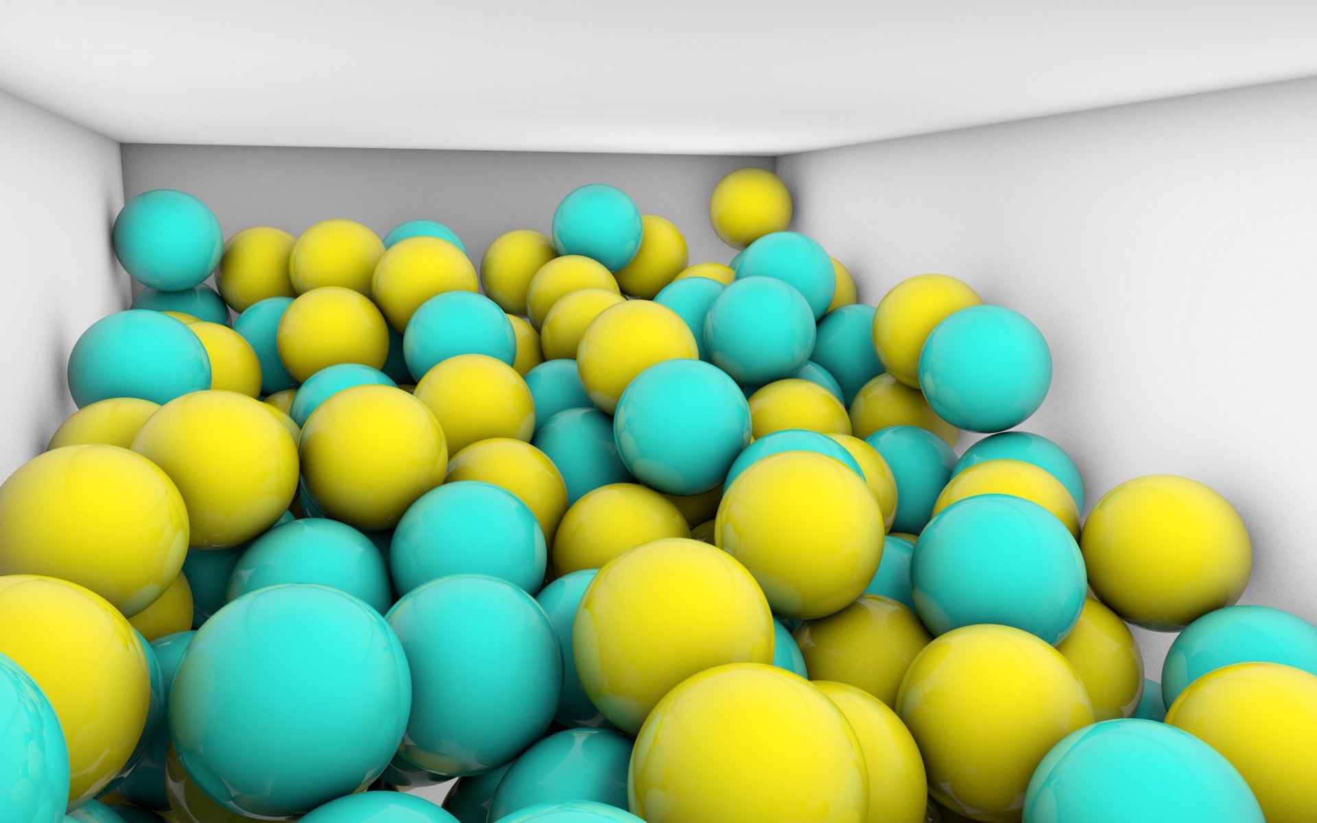 CGI 3D abstract 2K Quad HD PC desktop wallpaper showing cyan and yellow spheres piled in a white cornered tray with soft shadows and high-contrast color.