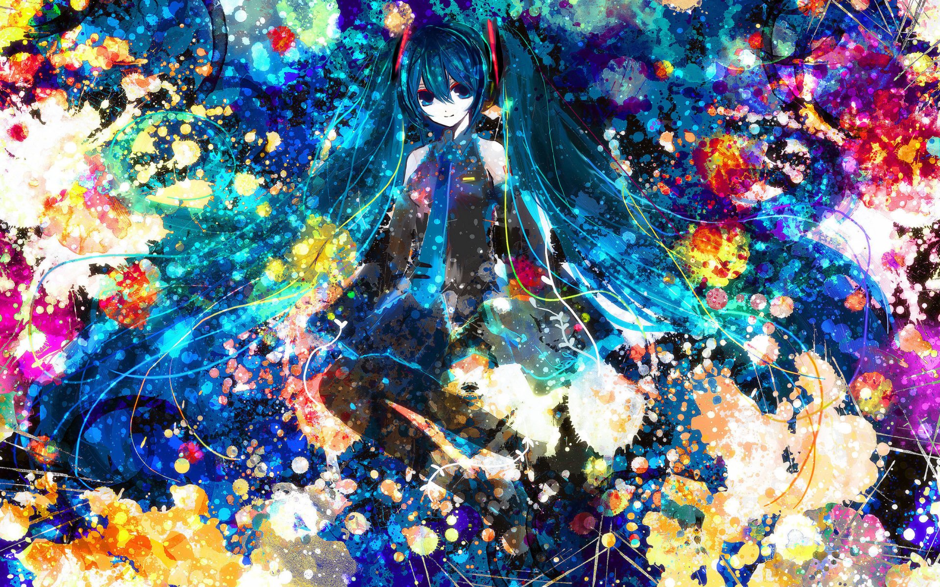 Vibrant HD desktop wallpaper featuring Hatsune Miku from Vocaloid in an anime-style, surrounded by a colorful, abstract cosmic background.