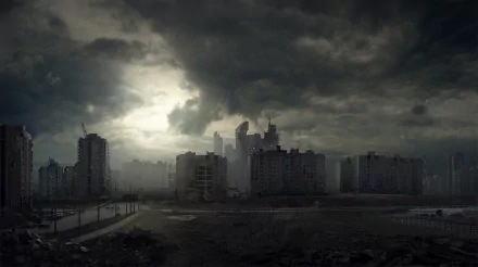 HD PC desktop wallpaper featuring a dark, post-apocalyptic cityscape under ominous stormy skies in a sci-fi setting.