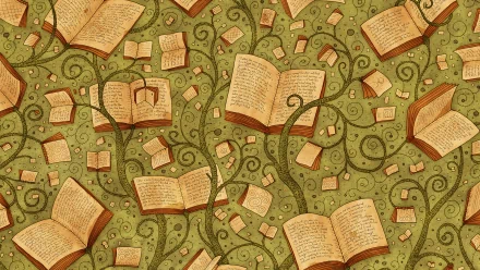 Artistic HD desktop wallpaper featuring an intricate pattern of open books and vines on a green background, evoking a whimsical literary theme.
