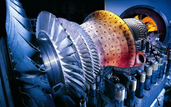 HD PC desktop wallpaper of a Siemens man-made industrial turbine: close-up rotor and stator blades with glowing combustion chamber, metallic blue‑orange lighting.