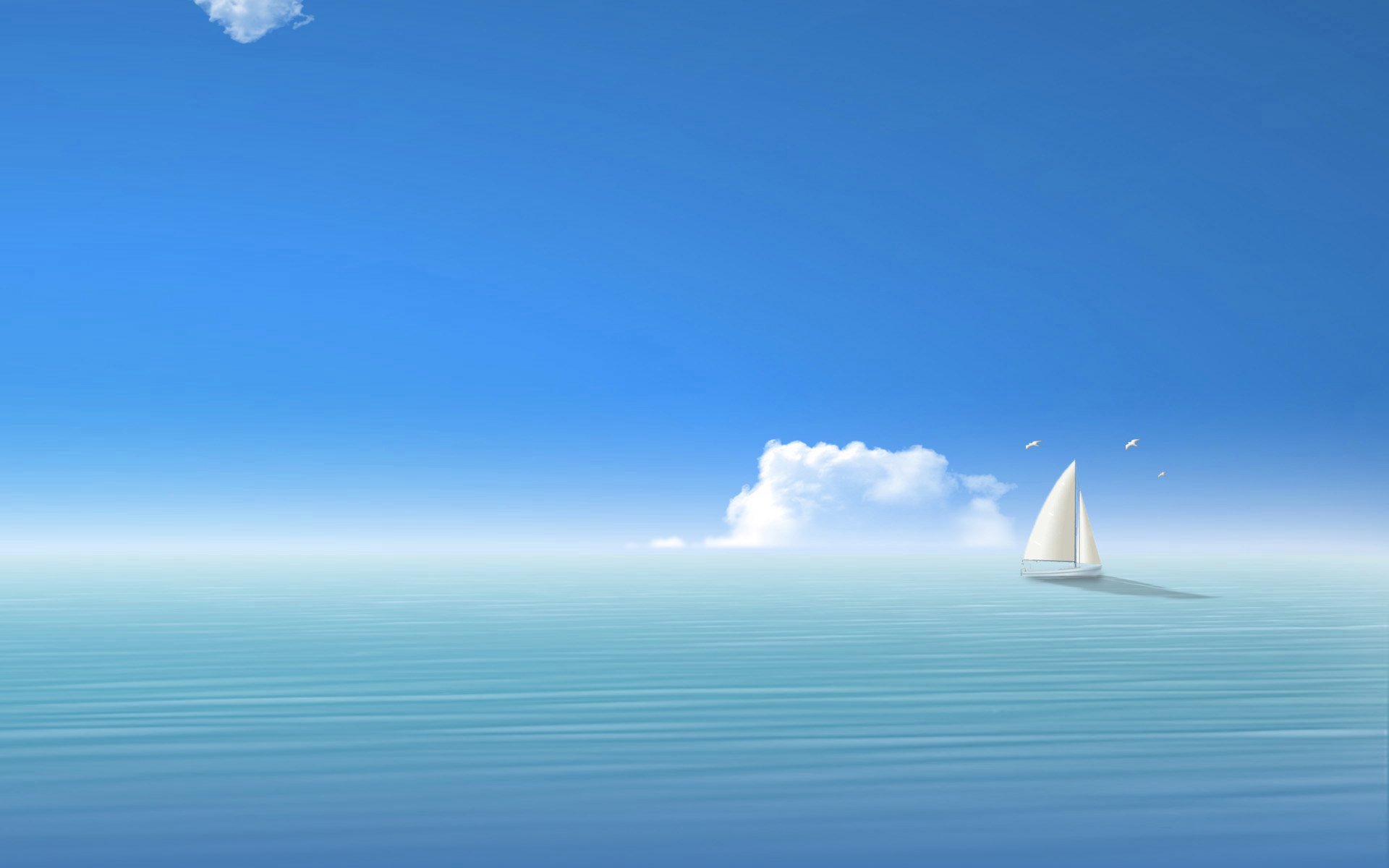 A fantasy-themed HD desktop wallpaper featuring a solitary sailboat on a calm, expansive sea under a clear blue sky with a few clouds.