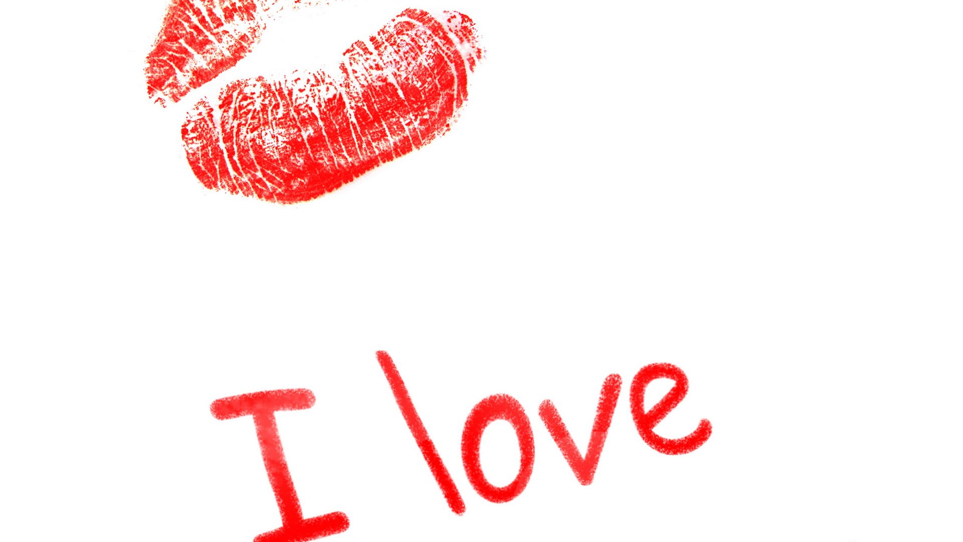An artistic HD desktop wallpaper featuring a vibrant red lipstick kiss above the words I love, conveying a message of affection and passion.