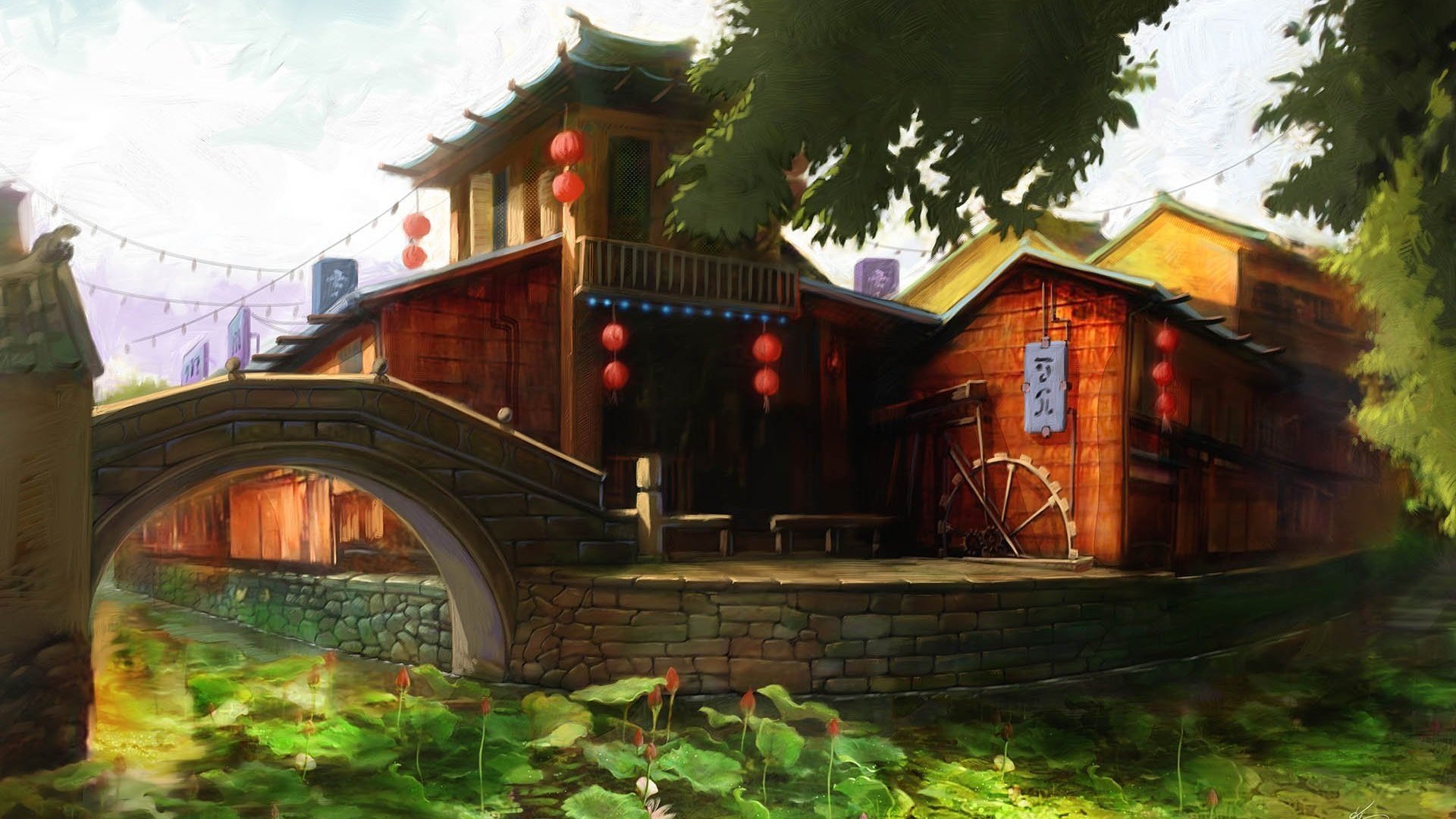 A fantasy-themed HD PC desktop wallpaper depicting a serene riverside village with traditional architecture, red lanterns, and a stone arch bridge under soft daylight.