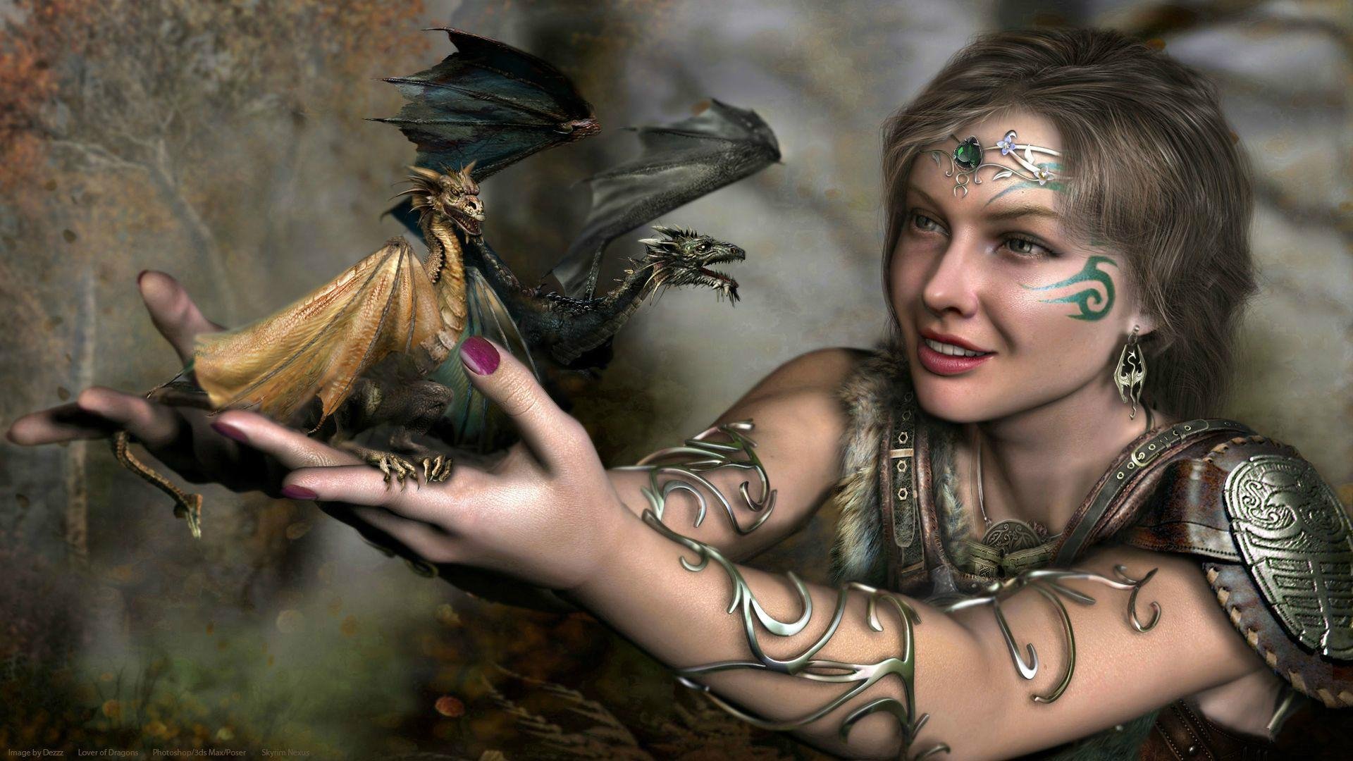 HD desktop wallpaper featuring a fantasy scene with a woman holding a small dragon in her hands. The background details and the richly designed characters add to the whimsical atmosphere.