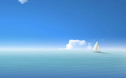 A fantasy-themed HD desktop wallpaper featuring a solitary sailboat on a calm, expansive sea under a clear blue sky with a few clouds.