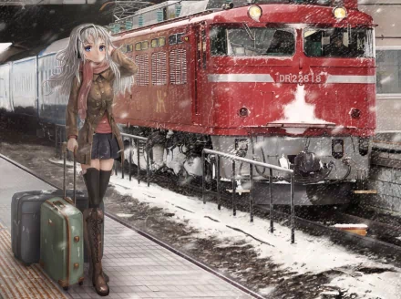 A striking HD anime wallpaper featuring a girl with long hair standing beside a red train, snow gently falling around her as she waits on the platform with her luggage.