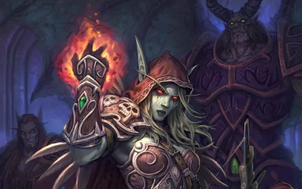 A striking HD desktop wallpaper featuring characters from World of Warcraft, showcasing a powerful figure wielding magic amidst a dark, fantasy backdrop.