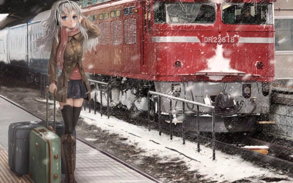 A striking HD anime wallpaper featuring a girl with long hair standing beside a red train, snow gently falling around her as she waits on the platform with her luggage.