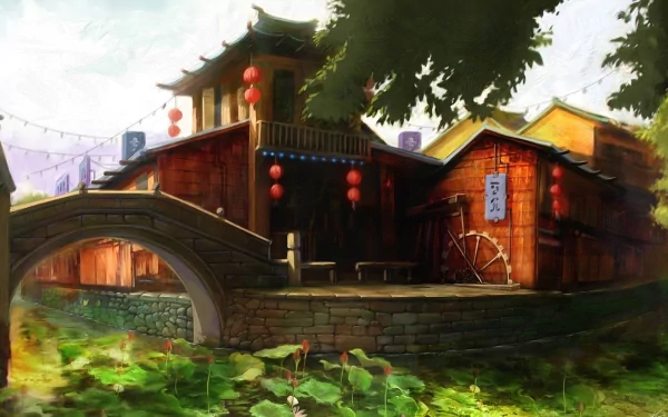 A fantasy-themed HD PC desktop wallpaper depicting a serene riverside village with traditional architecture, red lanterns, and a stone arch bridge under soft daylight.