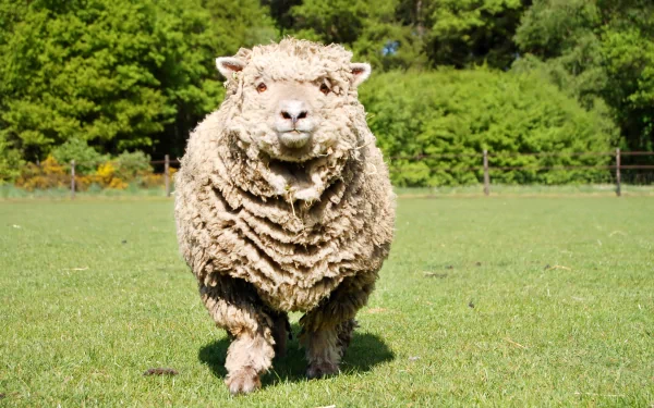 HD PC desktop wallpaper featuring a fluffy sheep standing on green grass with a backdrop of dense trees under bright daylight.