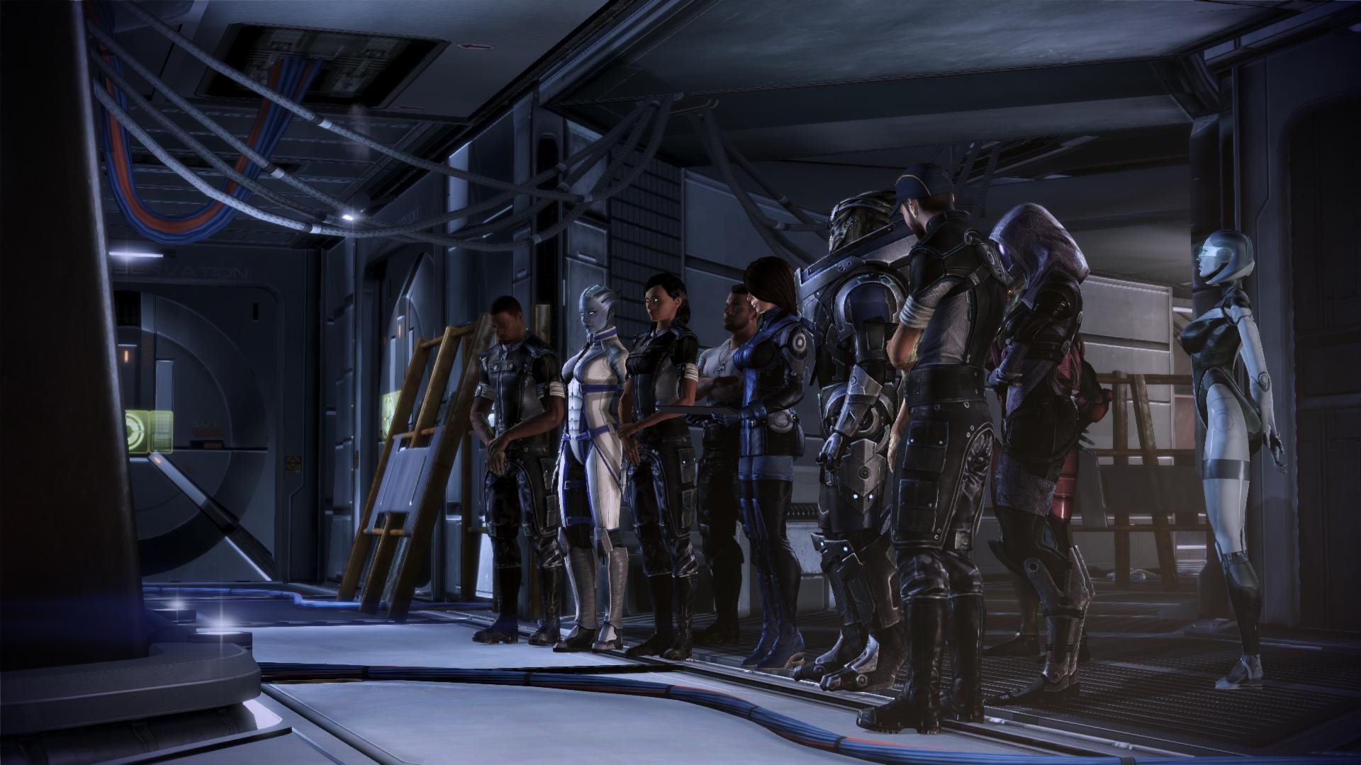 HD PC desktop wallpaper featuring Mass Effect 3 characters EDI, Tali'Zorah, Garrus Vakarian, Ashley Williams, James Vega, and Liara T'Soni standing together in a dark, industrial setting.