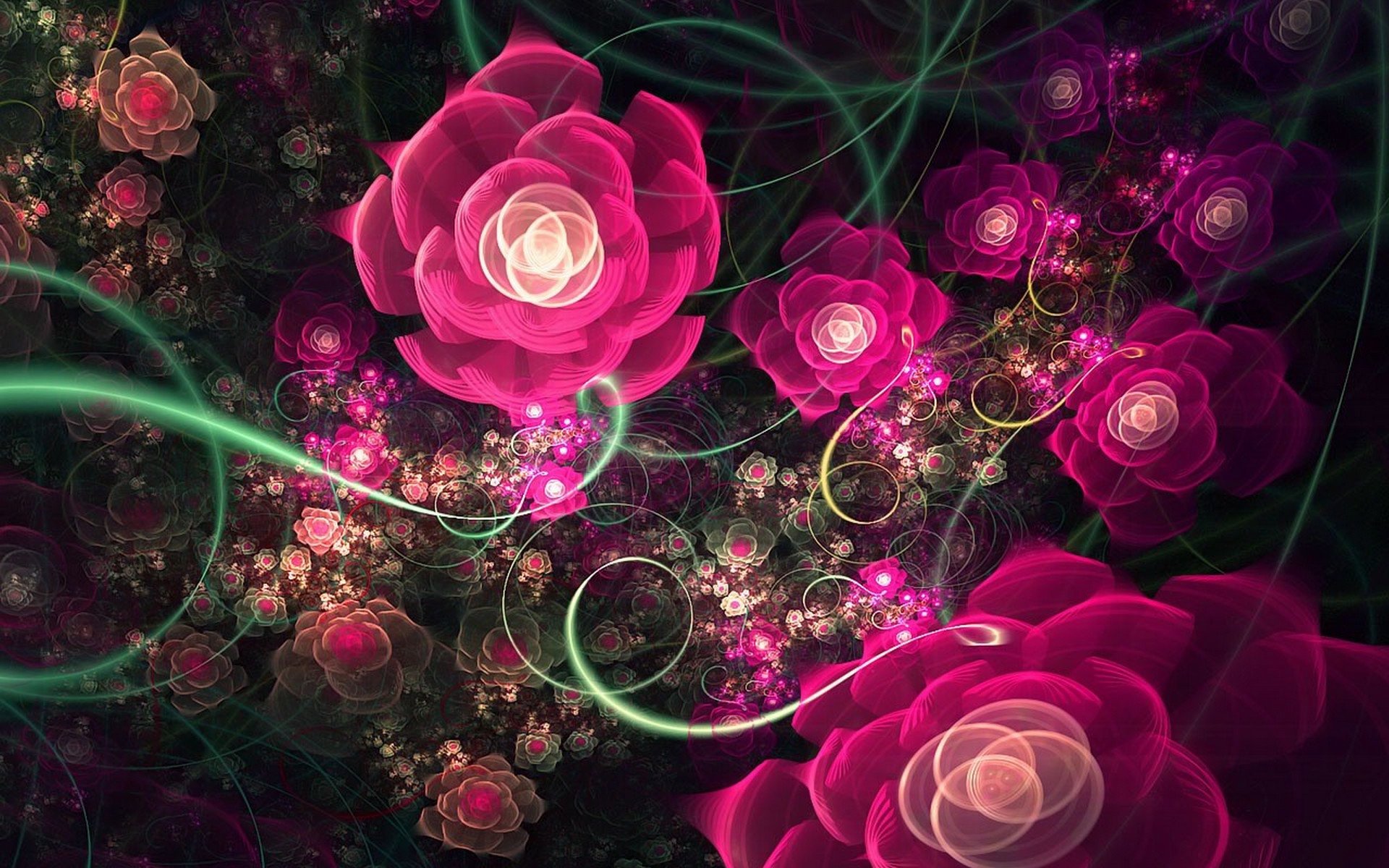Fantasy-inspired artistic design featuring glowing pink flowers and swirling light patterns, crafted as an HD PC desktop wallpaper and background.