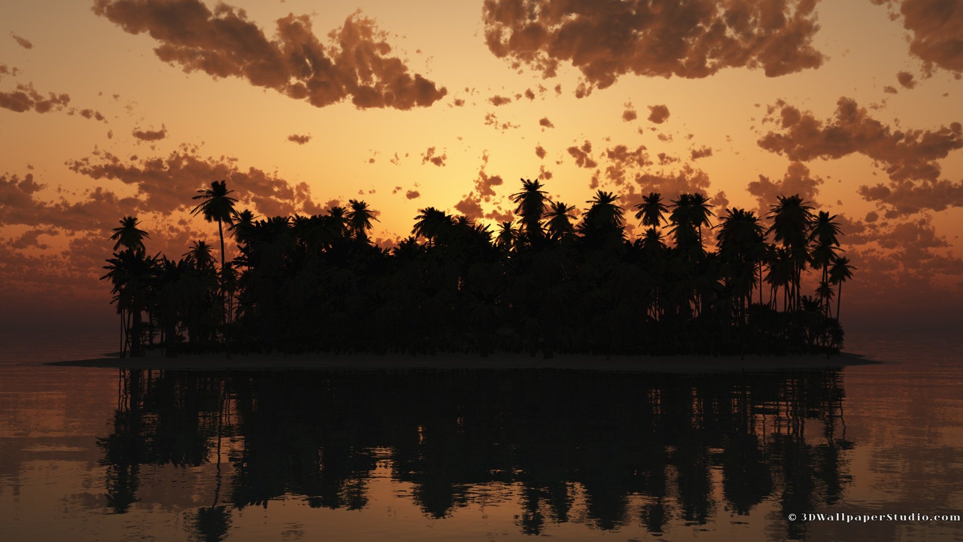 Artistic HD PC desktop wallpaper/background: silhouetted tropical island and palms at golden sunset, dramatic clouds mirrored in calm water reflection.
