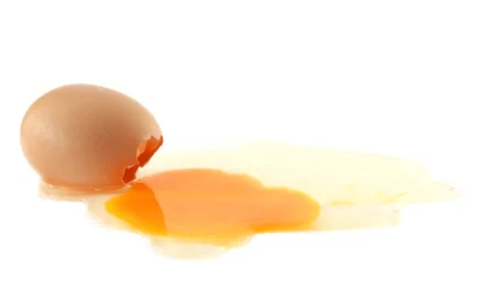 HD PC desktop wallpaper of a cracked brown egg with yolk and egg white spilled on a white background, showcasing food and egg in vivid detail.