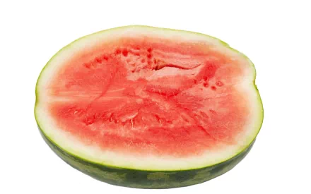 HD PC desktop wallpaper featuring a close-up of a juicy, red watermelon half with a green rind against a white background.
