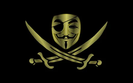 An HD desktop wallpaper featuring a golden skull mask with crossed swords, symbolizing themes of technology and anonymity against a black background.