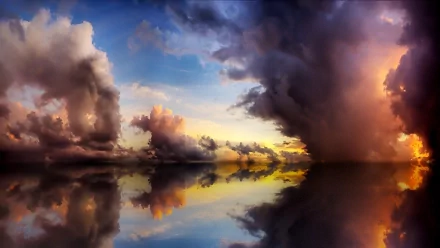 A stunning nature scene featuring dramatic clouds mirrored in calm waters, showcasing vibrant hues of sunset. This HD image makes a captivating desktop wallpaper.