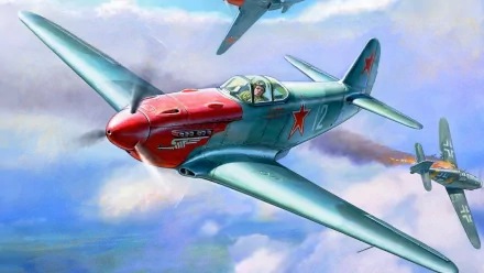 HD PC desktop wallpaper featuring a military aircraft with a red nose and star insignia flying among clouds during an aerial battle.