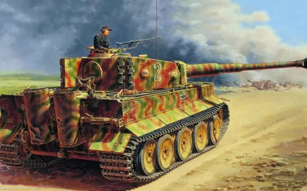HD military desktop wallpaper featuring a camouflage-painted tank on a dirt path, with a soldier on top under a partly cloudy sky.
