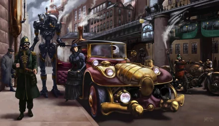 A vibrant steampunk scene featuring a vintage car, a robot, and elegantly dressed figures, set against an intricate city backdrop. This HD wallpaper captures the essence of sci-fi adventure.