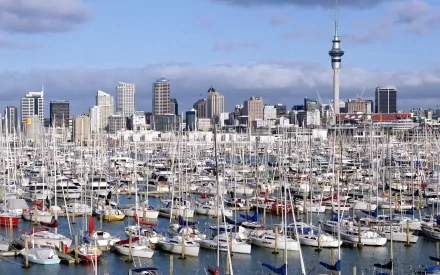 HD PC desktop wallpaper and background of a man-made harbor crowded with sailboats, marina masts rising before a modern city skyline and a tall observation tower.
