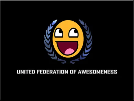 Funny smiley face with wide eyes and open mouth, framed by laurel wreath, above the bold text UNITED FEDERATION OF AWESOMENESS in this HD PC desktop wallpaper.