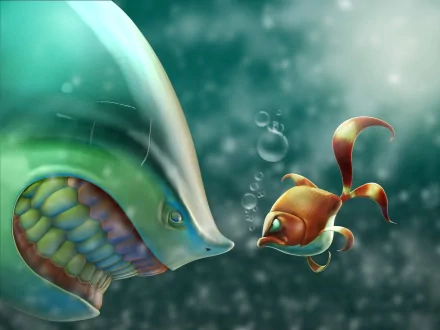 A colorful underwater scene featuring a large fish interacting with a smaller goldfish, surrounded by bubbles, serves as an engaging HD desktop wallpaper and background.